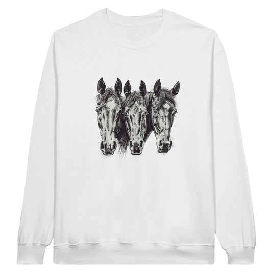 White sweatshirt with a design of three horse heads in black, perfect for equestrian enthusiasts.

