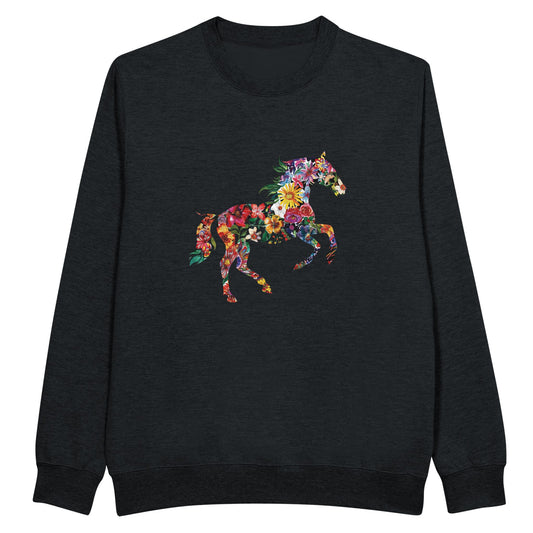 Black horse sweatshirt with a floral galloping horse design


