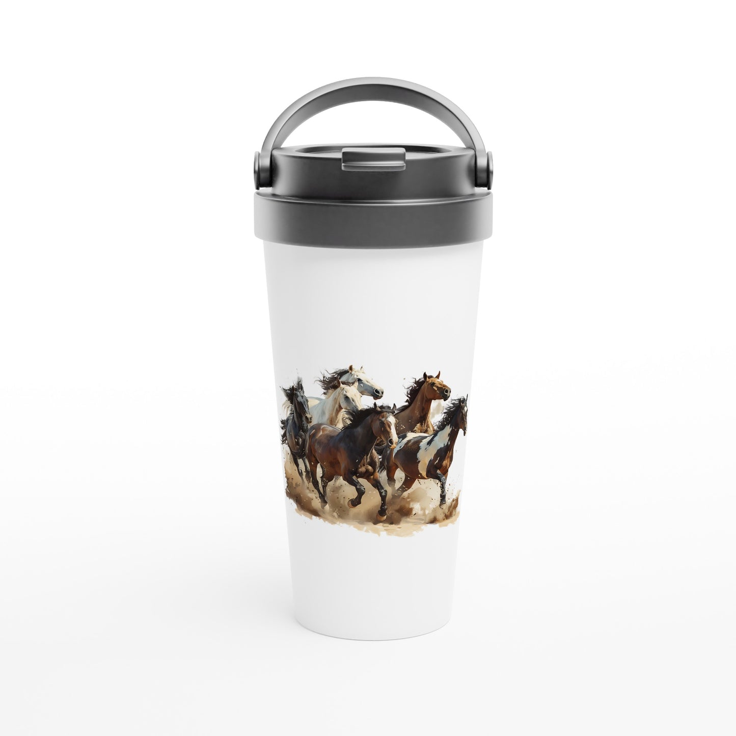 Travel tumbler featuring galloping horses design, ideal for horse lovers

