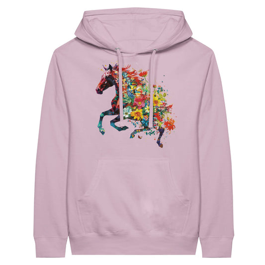 Pink floral womens horse hoodie with galloping horse design

