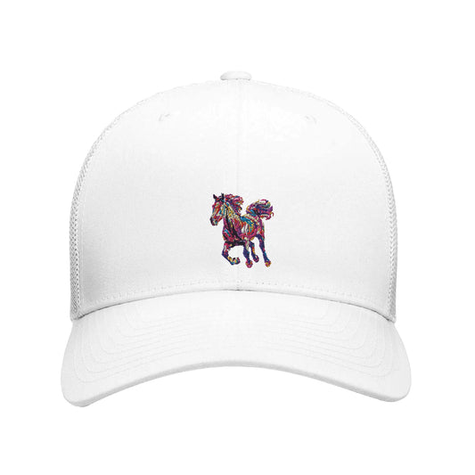 White hat with a colorful embroidered horse design, perfect for horse lovers and equestrian enthusiasts.

