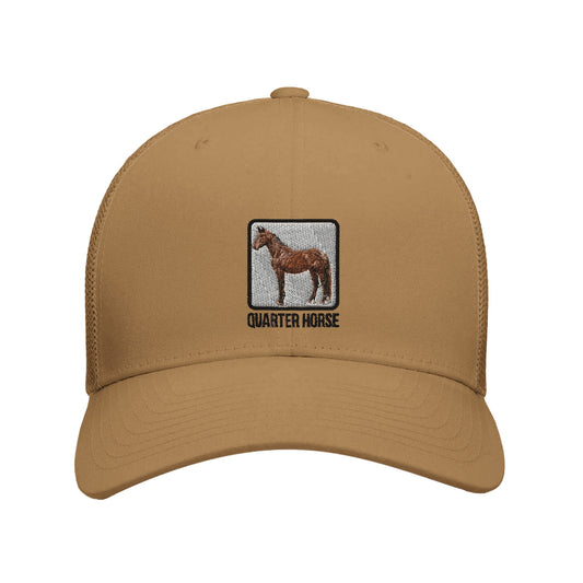 Brown hat with horse design featuring an embroidered Quarter Horse patch.


