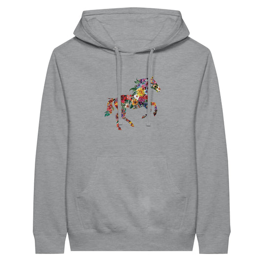 Gray womens horse hoodie with a colorful floral horse design

