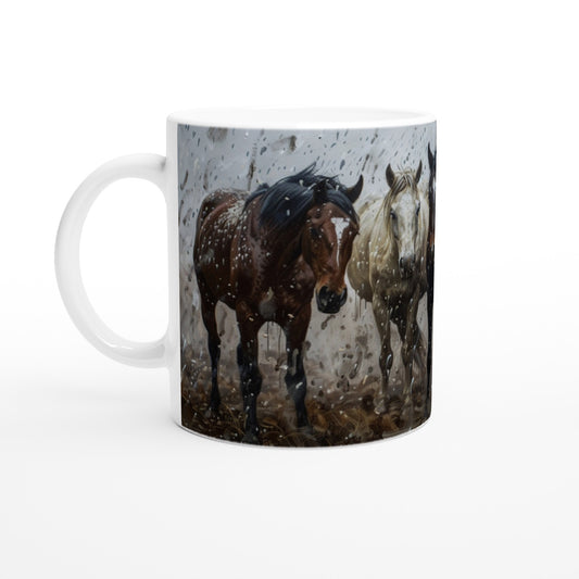 Ceramic mug featuring a design of horses standing in the rain, perfect for horse lovers and equestrian fans.

