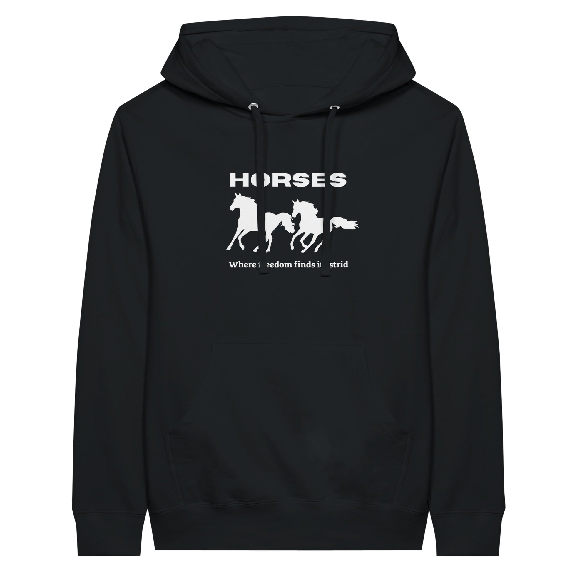 Black hoodie with galloping horses and "Where Freedom Finds Its Stride" phrase, perfect for equestrian enthusiasts.