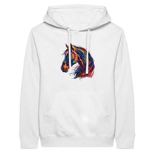 White horse hoodie with a vibrant artistic horse head design, unisex and perfect for horse lovers.

