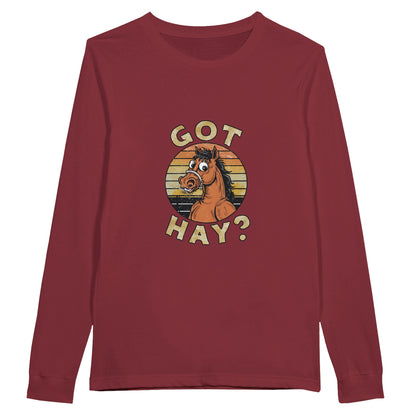 Burgundy long sleeve tee with a funny horse graphic and "Got Hay?" text

