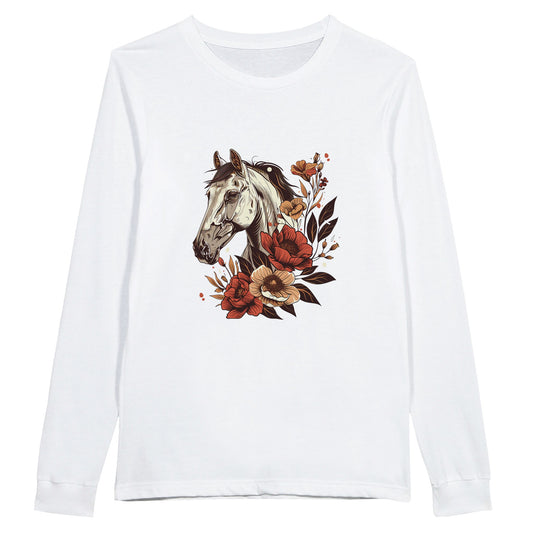 Long sleeve horse riding shirt with horse and floral design, perfect for equestrian fans