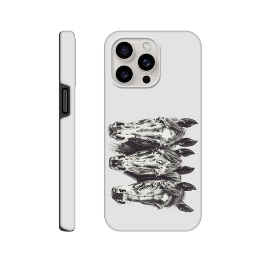 White phone case with black triple horse head design, perfect for equestrian enthusiasts.

