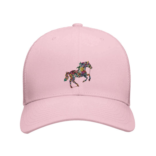Pink trucker hat with a colorful hat with horse design

