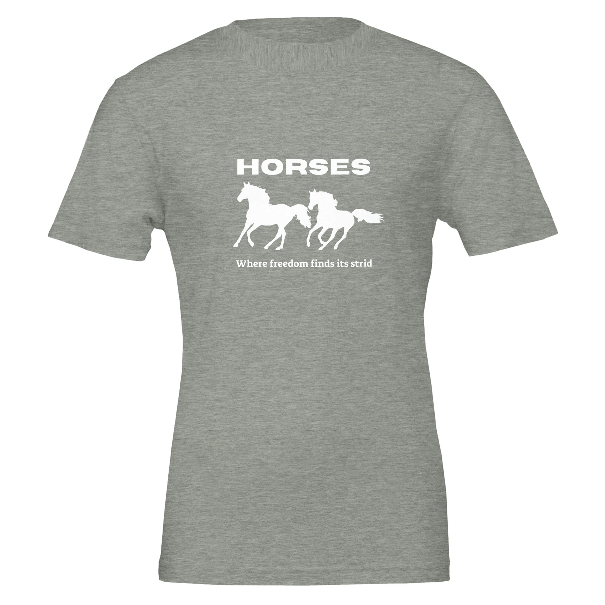 Gray t-shirt with galloping horses and "Where Freedom Finds Its Stride" phrase, perfect for equestrian enthusiasts.