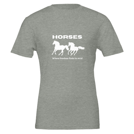 Gray t-shirt with galloping horses and "Where Freedom Finds Its Stride" phrase, perfect for equestrian enthusiasts.