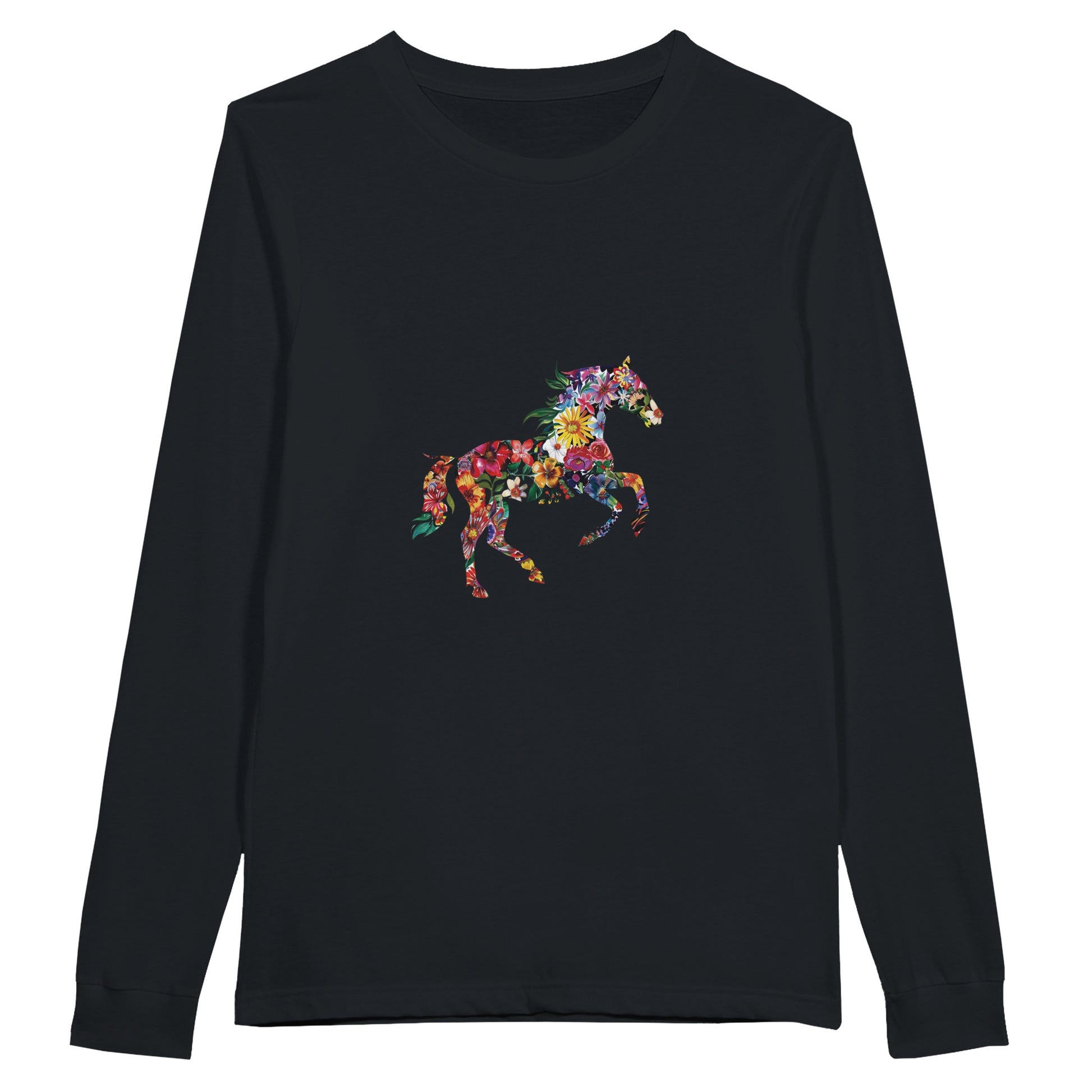 Black long sleeve horse shirt with a colorful floral horse design

