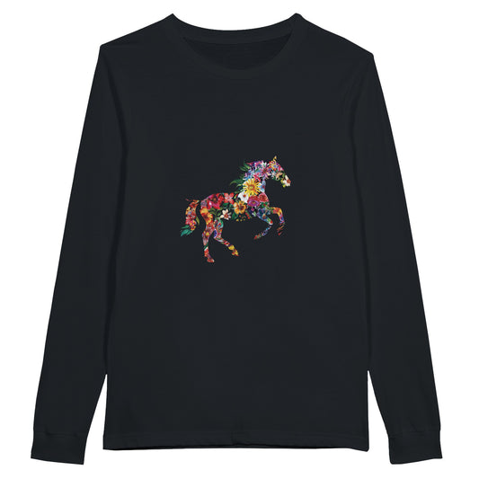 Black long sleeve horse shirt with a colorful floral horse design

