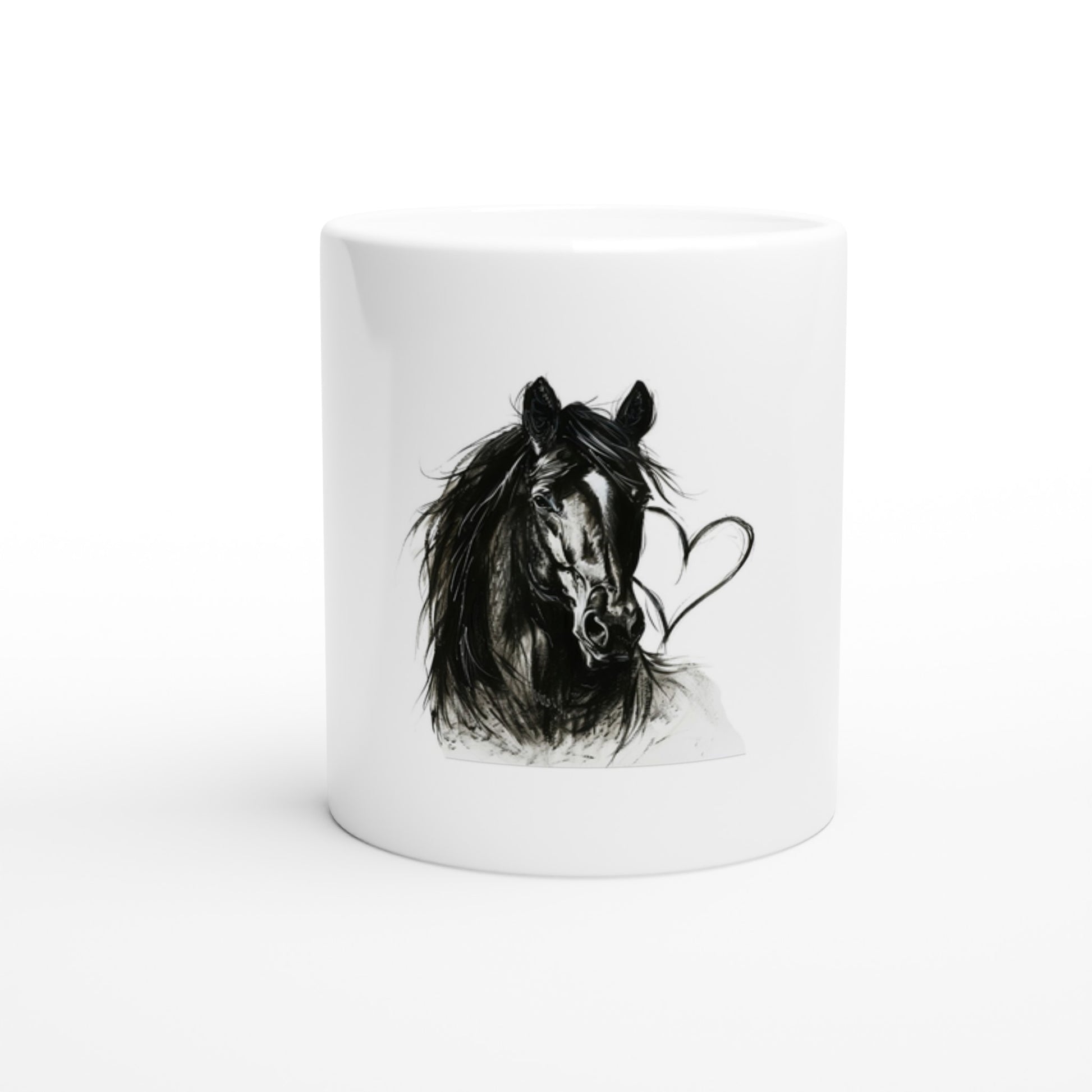 White ceramic coffee mug featuring a black horse with a heart design, perfect for horse lovers.

