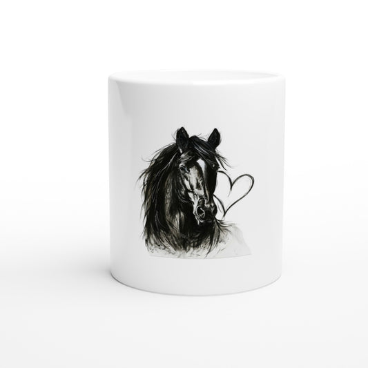 White ceramic coffee mug featuring a black horse with a heart design, perfect for horse lovers.

