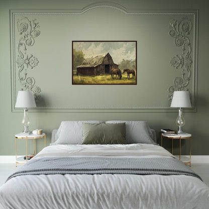 Horse framed wall art with barn and grazing horses, ideal for horse lovers’ decor