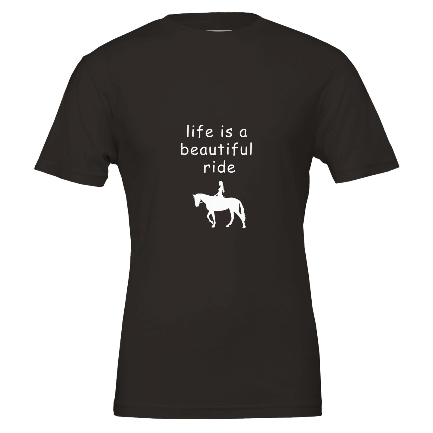 Black t-shirt with "Life is a beautiful ride" text and horse rider silhouette for equestrian enthusiasts

