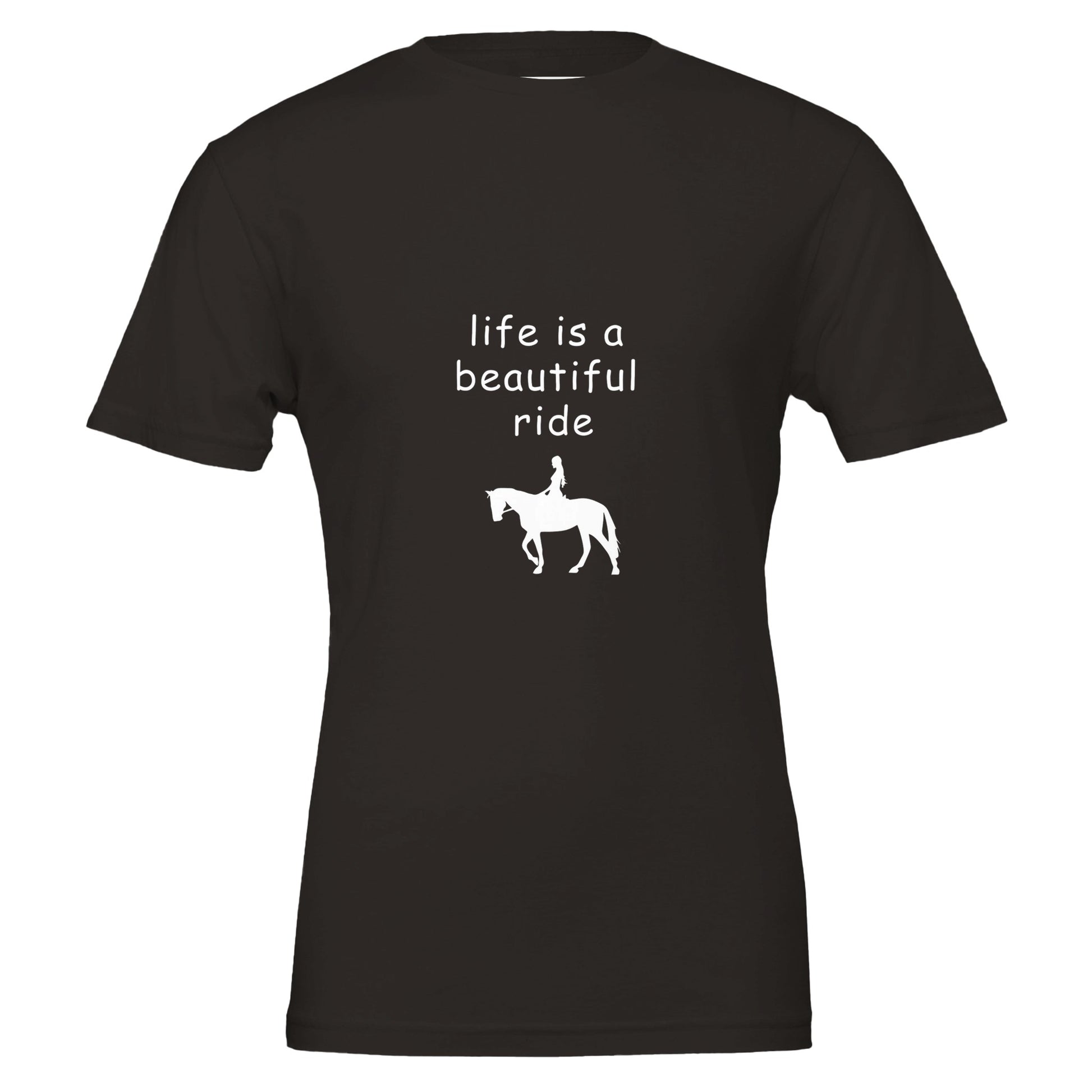 Black t-shirt with "Life is a beautiful ride" text and horse rider silhouette for equestrian enthusiasts

