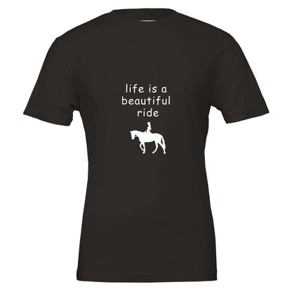 Black t-shirt with "Life is a beautiful ride" text and horse rider silhouette for equestrian enthusiasts

