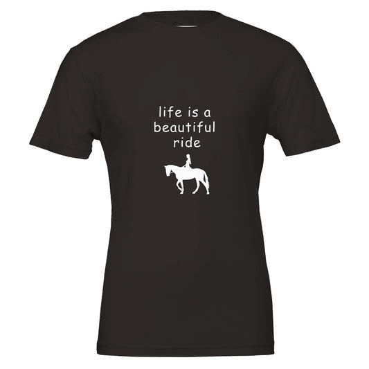 Black t-shirt with "Life is a beautiful ride" text and horse rider silhouette for equestrian enthusiasts

