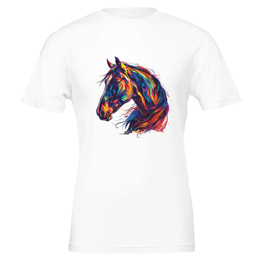 White unisex t-shirt with a vibrant multicolor horse design, perfect for horse enthusiasts and casual wear.

