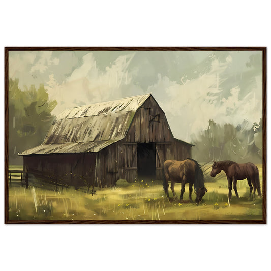 Horse framed wall art with barn and grazing horses, ideal for horse lovers’ decor