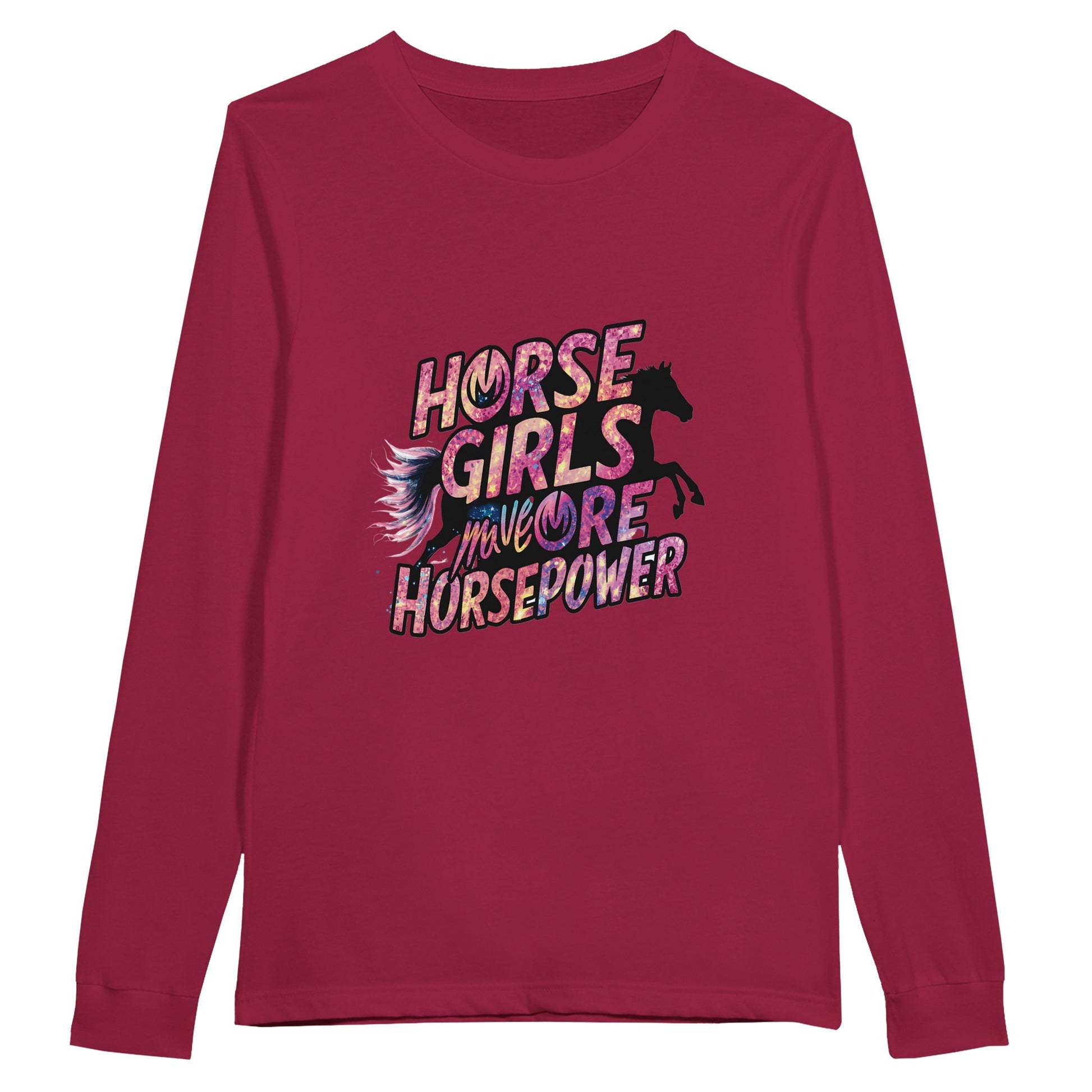 Red long-sleeve t-shirt with "Horse Girls Have More Horsepower" design, perfect for equestrian women.