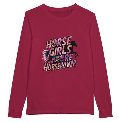 Red long-sleeve t-shirt with "Horse Girls Have More Horsepower" design, perfect for equestrian women.