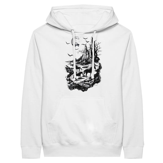 White horse hoodie with a detailed black-and-white design of horses in a surreal landscape.

