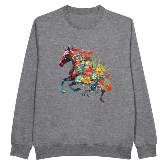 Gray horse sweatshirt with a floral galloping horse design