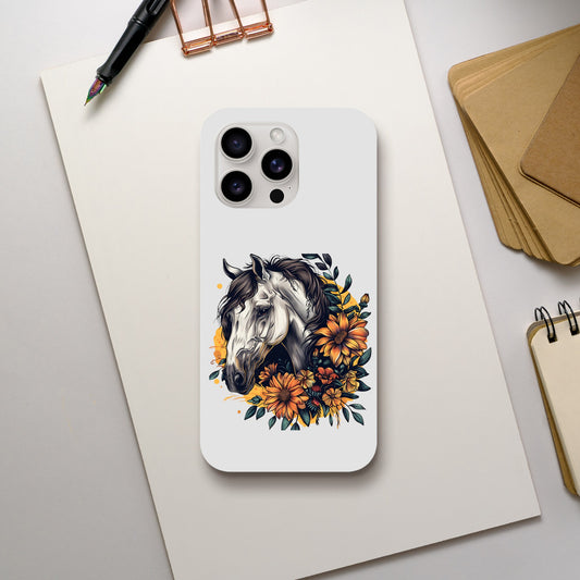 White horse phone case with a sunflower and white horse design


