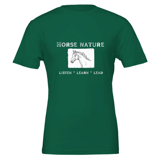 Green t-shirt for horse lovers with an inspiring design that says 'Horse nature: listen, learn, lead'.