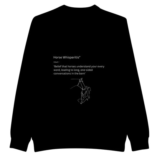Black sweatshirt with "Horse Whisperitis" phrase about talking to horses, perfect for equestrians with humor.