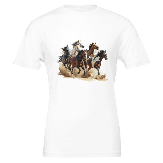 White horse shirt featuring a galloping herd design

