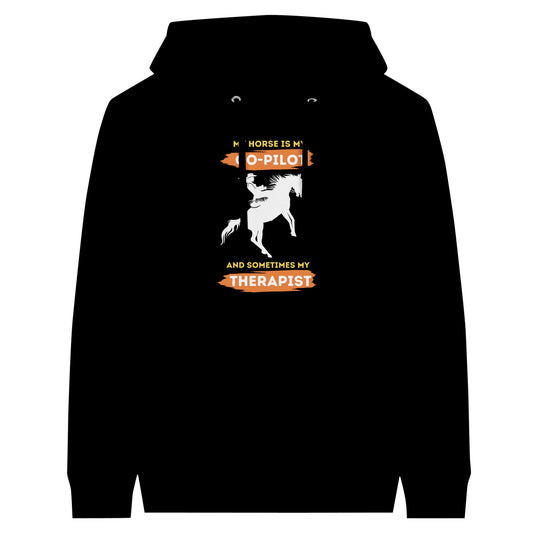 Black hoodie with "My horse is my co-pilot... and sometimes my therapist" text and rider illustration for women and girls