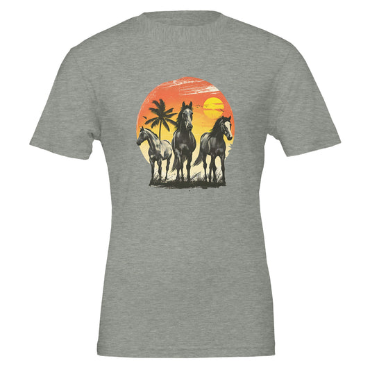 Gray T-shirt with horse design, featuring three horses against a tropical sunset with palm trees.

