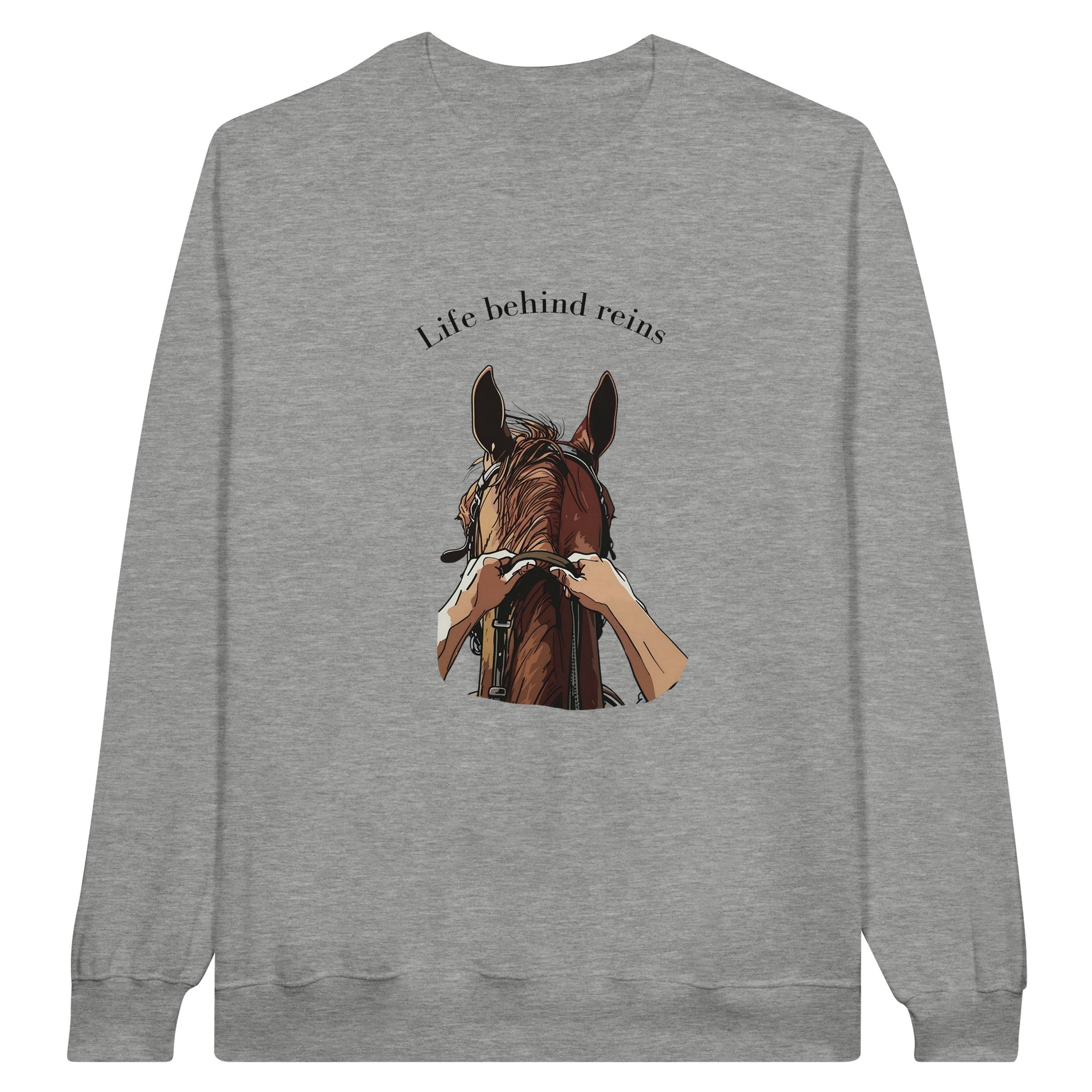 Gray sweatshirt with "Life Behind Reins" design featuring a horse and reins for horseback riding enthusiasts