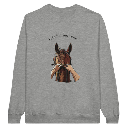 Gray sweatshirt with "Life Behind Reins" design featuring a horse and reins for horseback riding enthusiasts