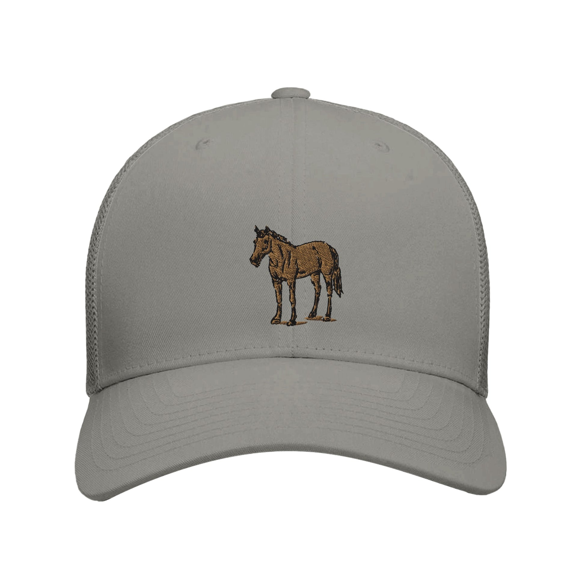 Gray trucker hat featuring an embroidered standing horse design, perfect for equestrian enthusiasts.

