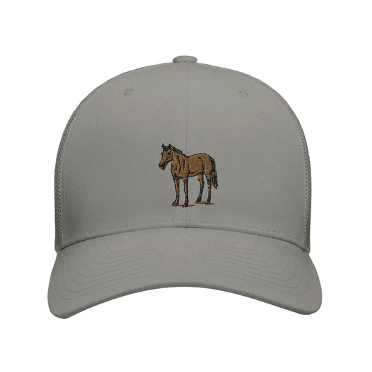 Gray trucker hat featuring an embroidered standing horse design, perfect for equestrian enthusiasts.


