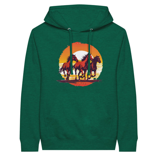 Green horse hoodie with a graphic of three horses galloping against a sunset.

