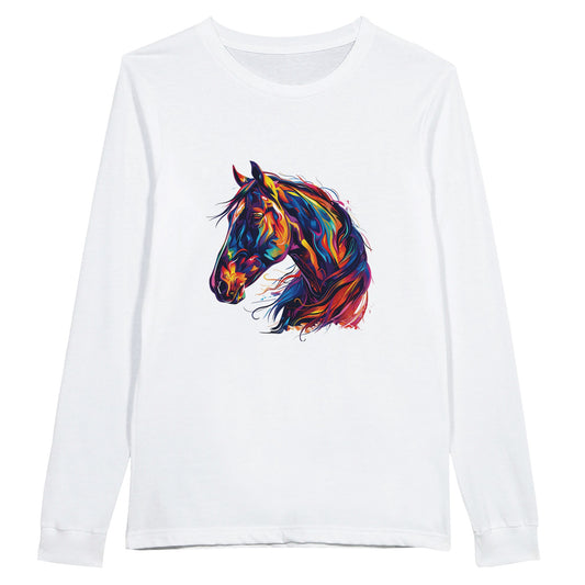 White long sleeve equestrian shirt with a vibrant horse head design, premium unisex apparel.
