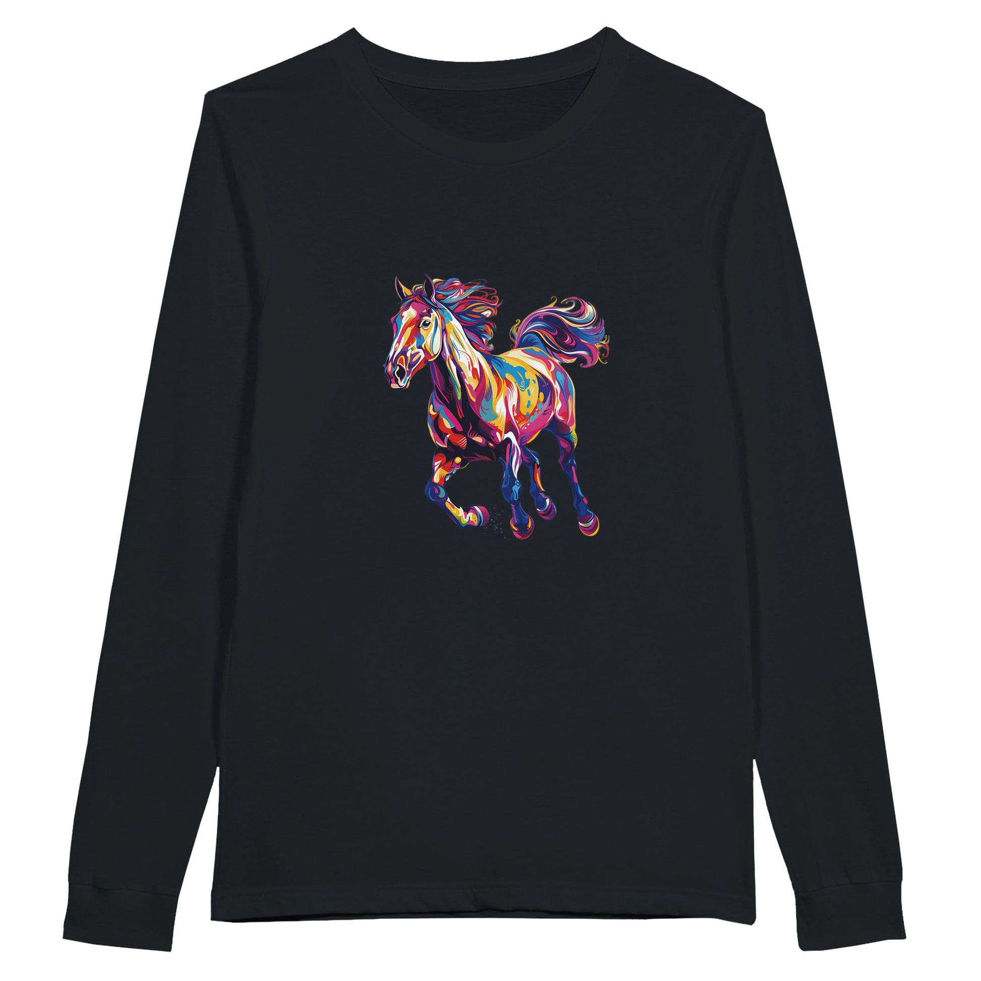 Colorful horse design on a black long sleeve equestrian shirt, perfect for horse lovers.

