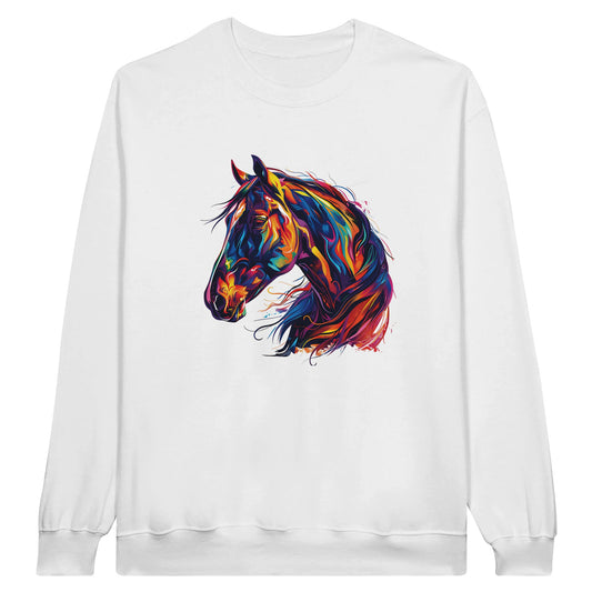 White long sleeve equestrian shirt with an artistic vibrant horse head design, premium quality.

