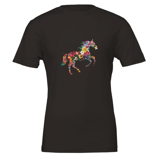 Black equine t-shirt with a floral galloping horse design

