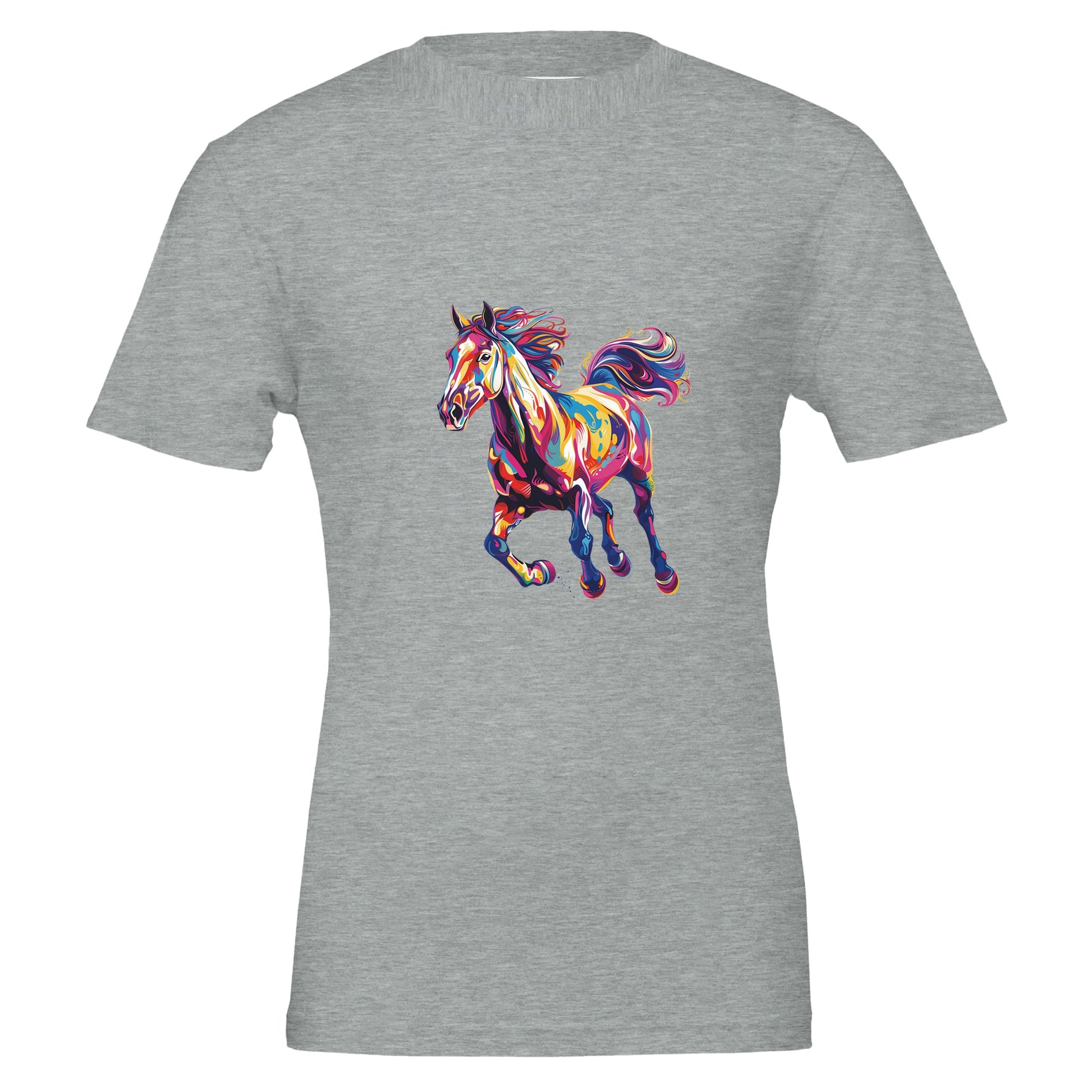 Gray HORSE T-shirt with a vibrant horse design, unisex and ideal for horse lovers.

