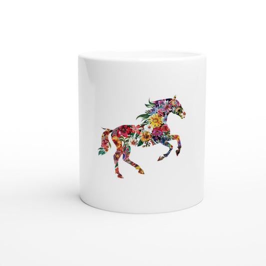 White ceramic horse mug with a colorful galloping horse floral design

