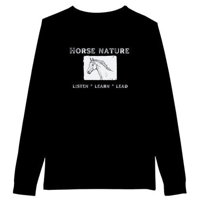 Black long-sleeve t-shirt with "Horse Nature: Listen, Learn, Lead" and a horse sketch, ideal for equestrian inspiration.