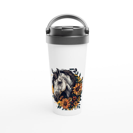 White travel tumbler featuring a horse and floral design, perfect for keeping drinks at the right temperature.

